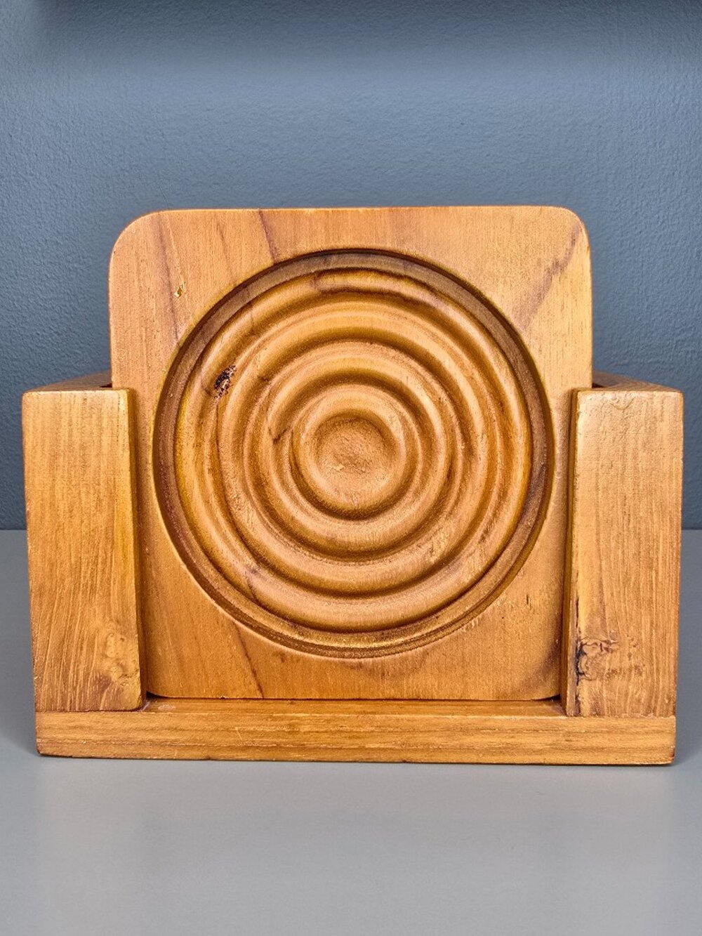 Vintage MCM Teakwood Coaster Set of 6 with Holder Caddy Bullseye Groove